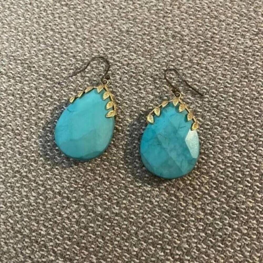 Blue and gold teardrop Dangle Leaf design drop earrings